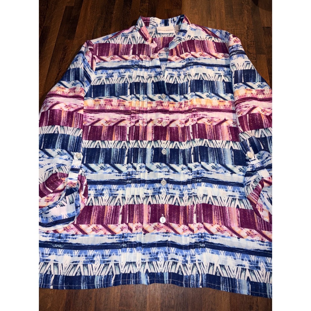 Alfred Dunner Womens Blue Purple Abstract Geometric Roll Tab Sleeve Blouse Sz 10